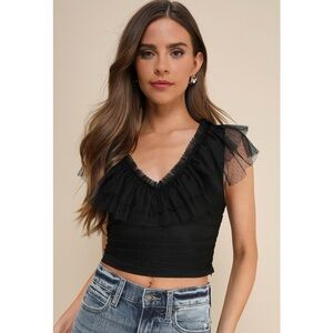 Delightful Destiny Black Mesh Dot Ruffled Crop Top